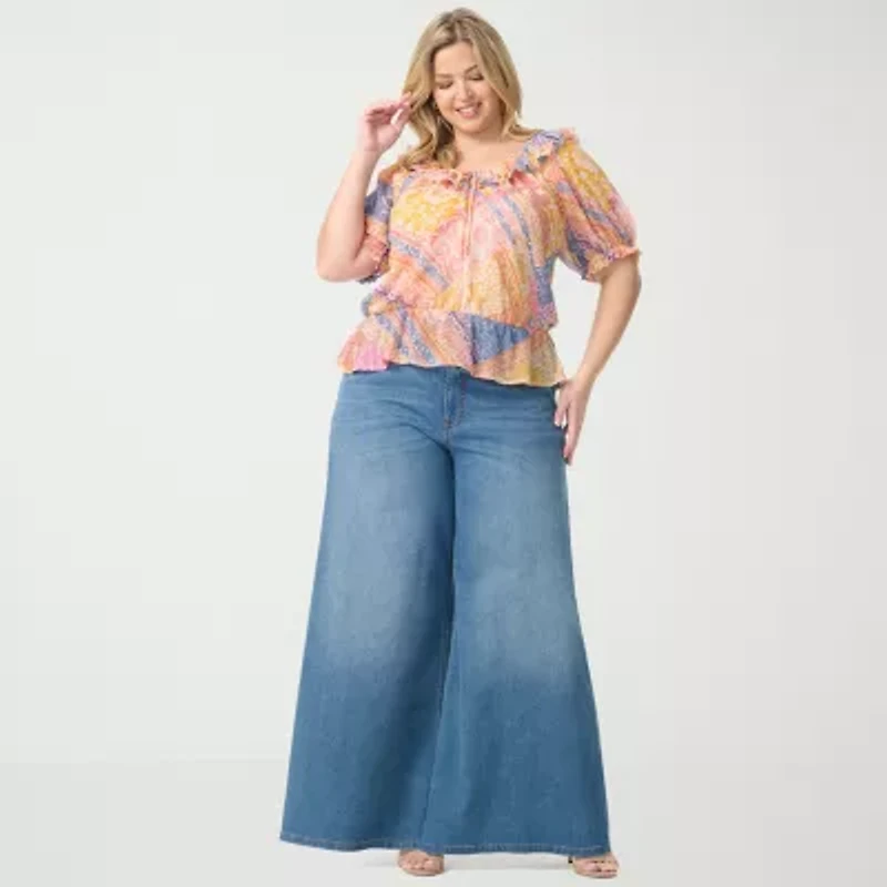 JS Jessica Simpson Womens Plus Round Neck Short Sleeve Peplum Top