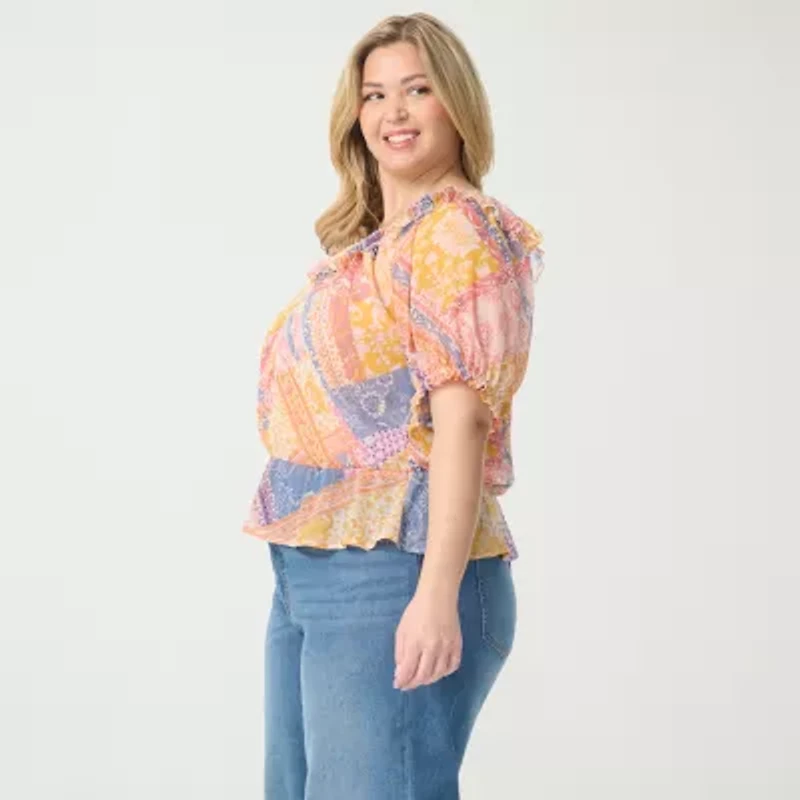 JS Jessica Simpson Womens Plus Round Neck Short Sleeve Peplum Top