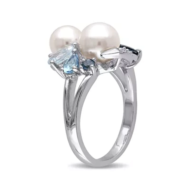 Cultured Freshwater Pearl, Genuine London and Sky Blue Topaz Ring