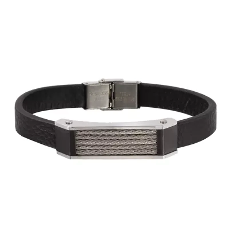 Men's Two-Tone Stainless Steel Leather Bracelet