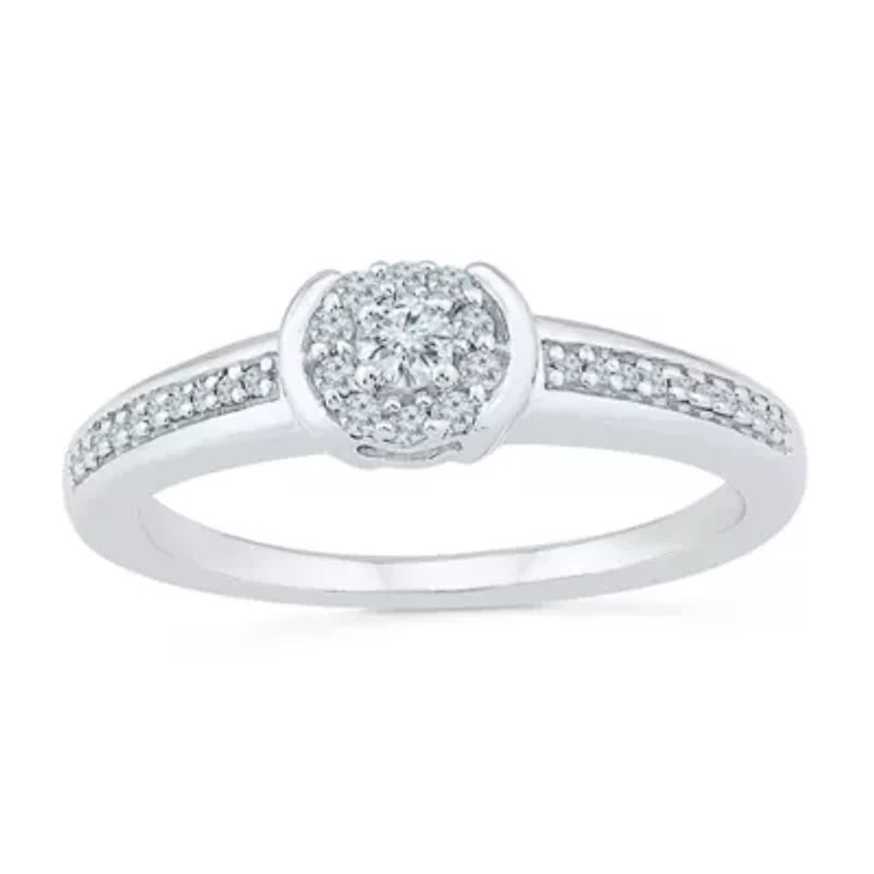 Promise My Love Womens 1/5 CT. Natural White Diamond Sterling Silver Round Side Stone Halo Ring