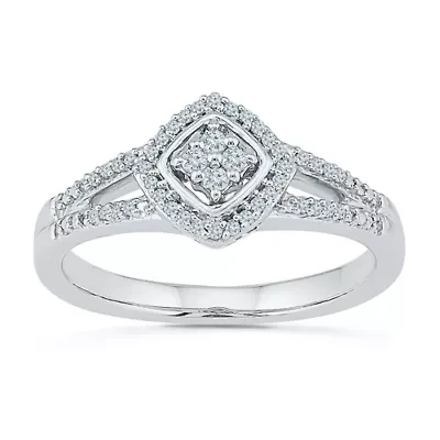 Promise My Love Womens 1/6 CT. T.W. Natural White Diamond Sterling Silver Cushion Side Stone Halo Ring