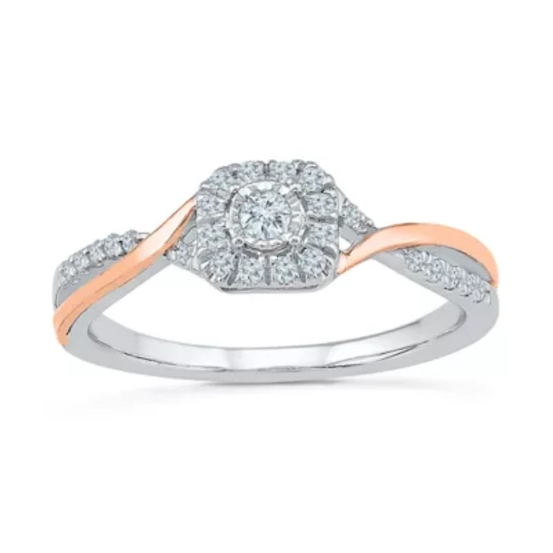 Promise My Love Womens 1/5 CT. Natural White Diamond 10K Rose Gold Sterling Silver Cushion Bypass Halo Ring