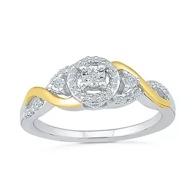 Promise My Love Womens 1/8 CT. T.W. Natural White Diamond 10K Gold Sterling Silver Round Side Stone Halo Ring