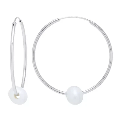 Silver Treasures Womens Cultured Freshwater Pearl Sterling Silver 35mm Hoop Earrings