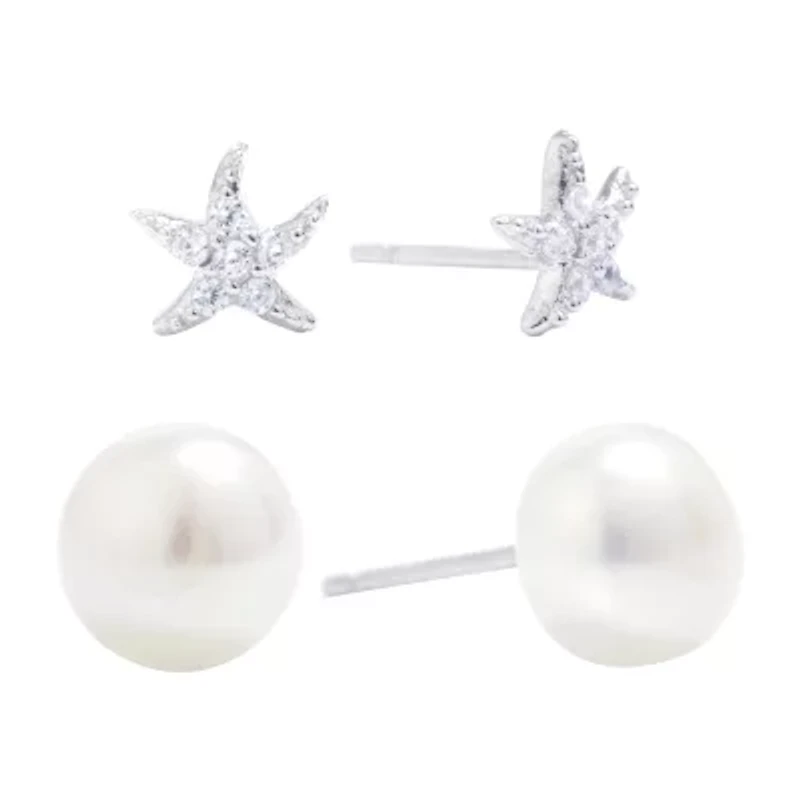 Silver Treasures Womens Cubic Zirconia Cultured Freshwater Pearl Sterling Silver 2 Pair Earring Set