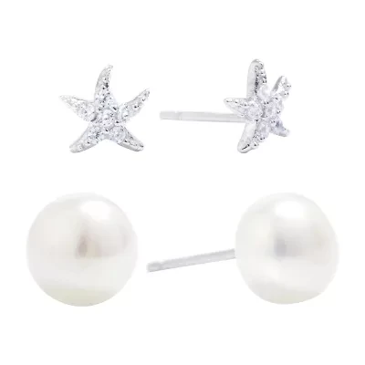 Silver Treasures Womens Cubic Zirconia Cultured Freshwater Pearl Sterling Silver 2 Pair Earring Set