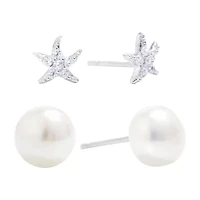 Silver Treasures Womens Cubic Zirconia Cultured Freshwater Pearl Sterling Silver 2 Pair Earring Set