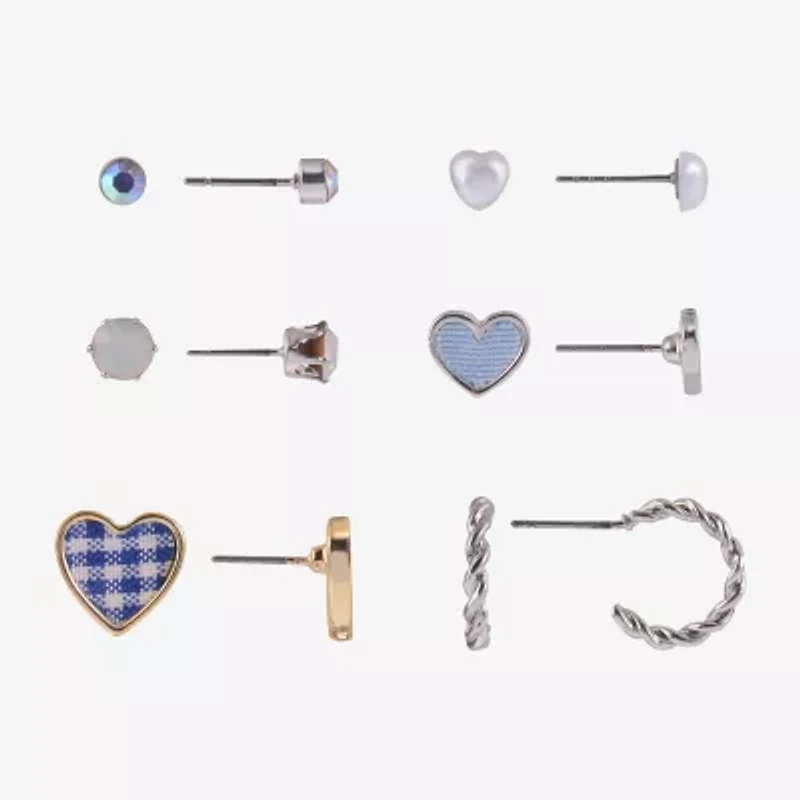 Arizona Blue Gingham Womens Heart 6 Pair Earring Set