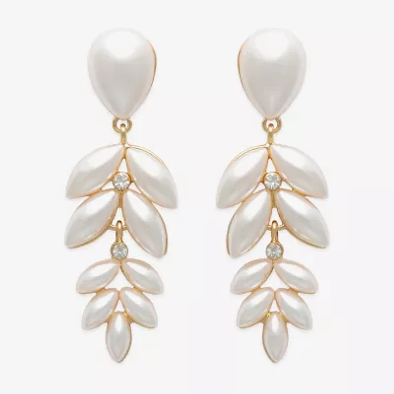 Bijoux Bar Gold Tone Womens White Glass Simulated Pearl Drop Earrings