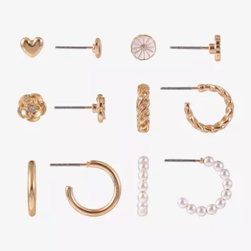 Arizona Huggie Hoop & Stud Womens Flower Heart 6 Pair Earring Set