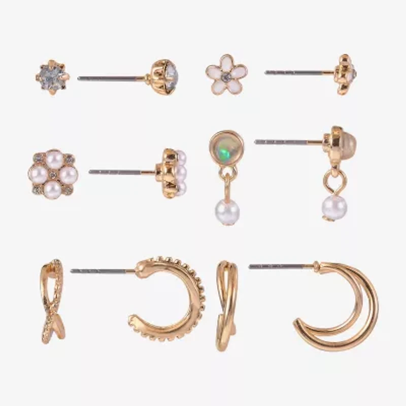 Arizona Gold Tone & Pearl Girls Flower 6 Pair Earring Set