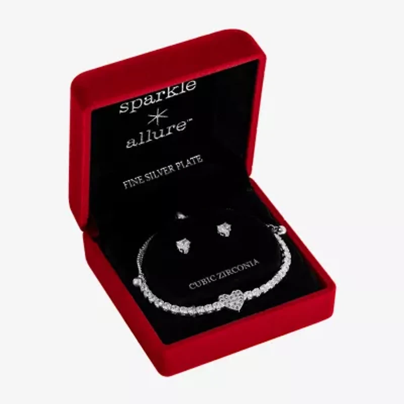 Sparkle Allure Light Up Box Womens Cubic Zirconia Pure Silver Over Brass Heart -pc. Jewelry Set