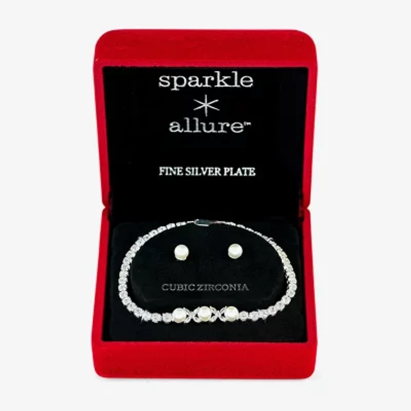 Sparkle Allure Light Up Box Womens Cubic Zirconia Simulated Pearl Pure Silver Over Brass Oval 2-pc. Jewelry Set
