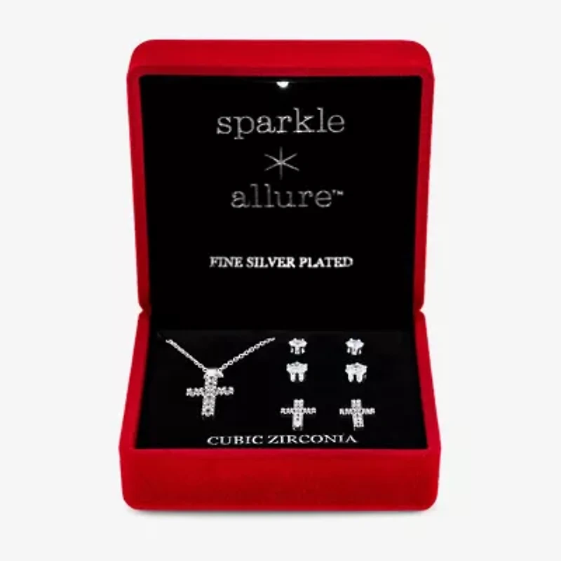 Sparkle Allure Light Up Box Womens Cubic Zirconia Pure Silver Over Brass Cross 4-pc. Jewelry Set