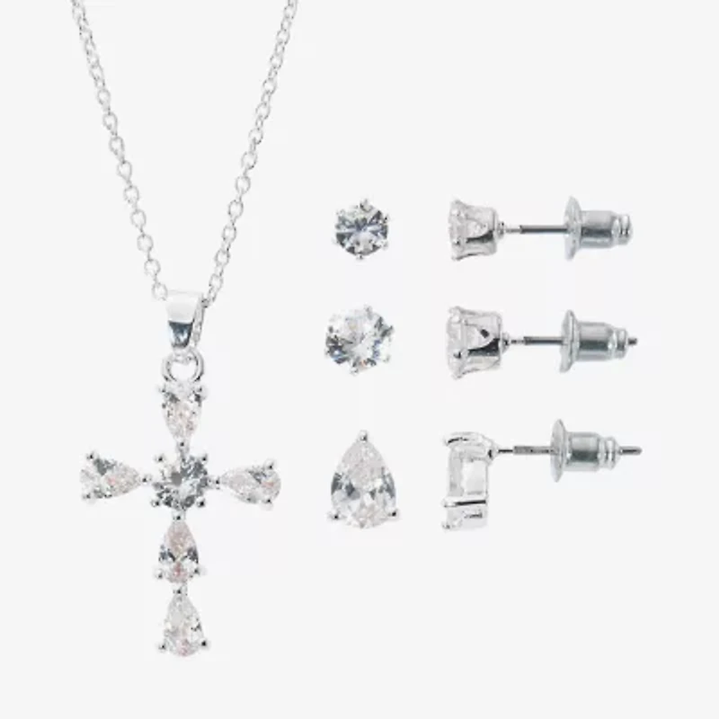 Sparkle Allure Light Up Box Womens Cubic Zirconia Pure Silver Over Brass Cross 4-pc. Jewelry Set