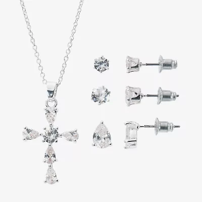 Sparkle Allure Light Up Box Womens Cubic Zirconia Pure Silver Over Brass Cross 4-pc. Jewelry Set