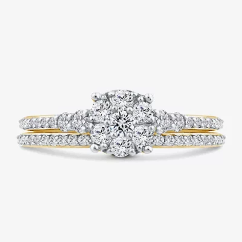 Womens 3/4 CT. T.W. Natural White Diamond 10K Gold Halo Bridal Set