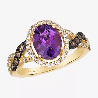 Le Vian Grand Sample Sale Le Vian Grand Sample Sale (I1 / Champagne) Womens 1/2 CT. Genuine Purple Amethyst 14K Gold Oval Halo Side Stone Cocktail Ring