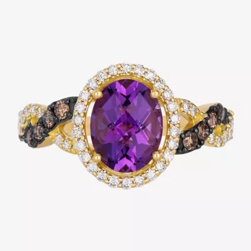 Le Vian Grand Sample Sale Le Vian Grand Sample Sale (I1 / Champagne) Womens 1/2 CT. Genuine Purple Amethyst 14K Gold Oval Halo Side Stone Cocktail Ring