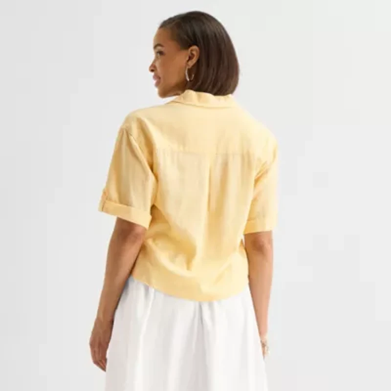 Liz Claiborne Linen Womens Short Sleeve Blouse