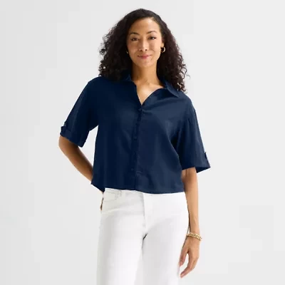 Liz Claiborne Linen Womens Short Sleeve Blouse