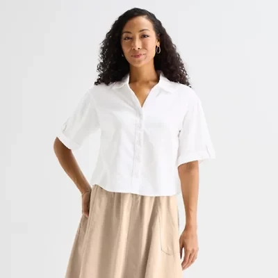 Liz Claiborne Linen Womens Short Sleeve Blouse