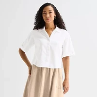 Liz Claiborne Linen Womens Short Sleeve Blouse