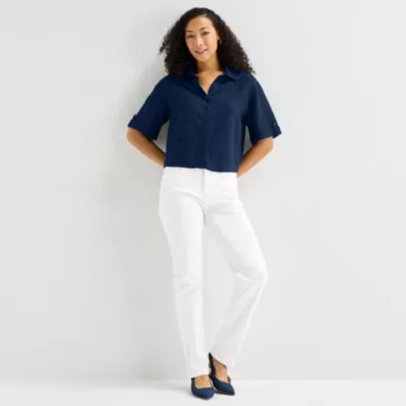 Liz Claiborne Linen Womens Short Sleeve Blouse