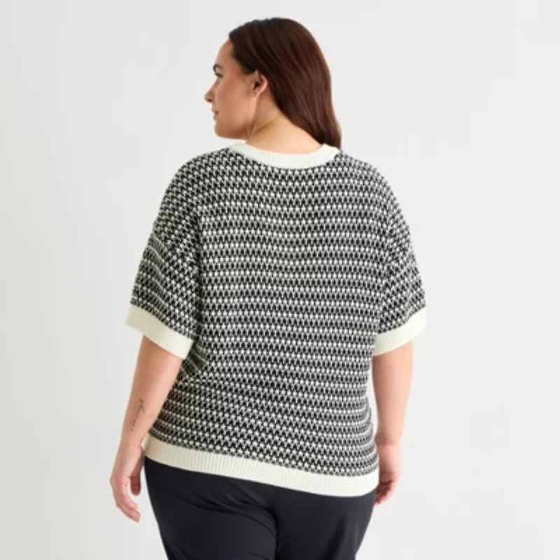 Stylus Plus Womens V Neck Elbow Sleeve Pullover Sweater