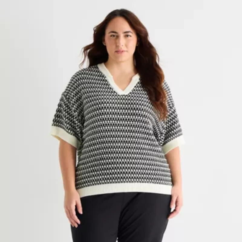 Stylus Plus Womens V Neck Elbow Sleeve Pullover Sweater