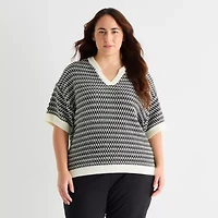 Stylus Plus Womens V Neck Elbow Sleeve Pullover Sweater