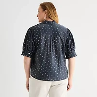Liz Claiborne Womens Plus Mock Neck Short Sleeve Blouse