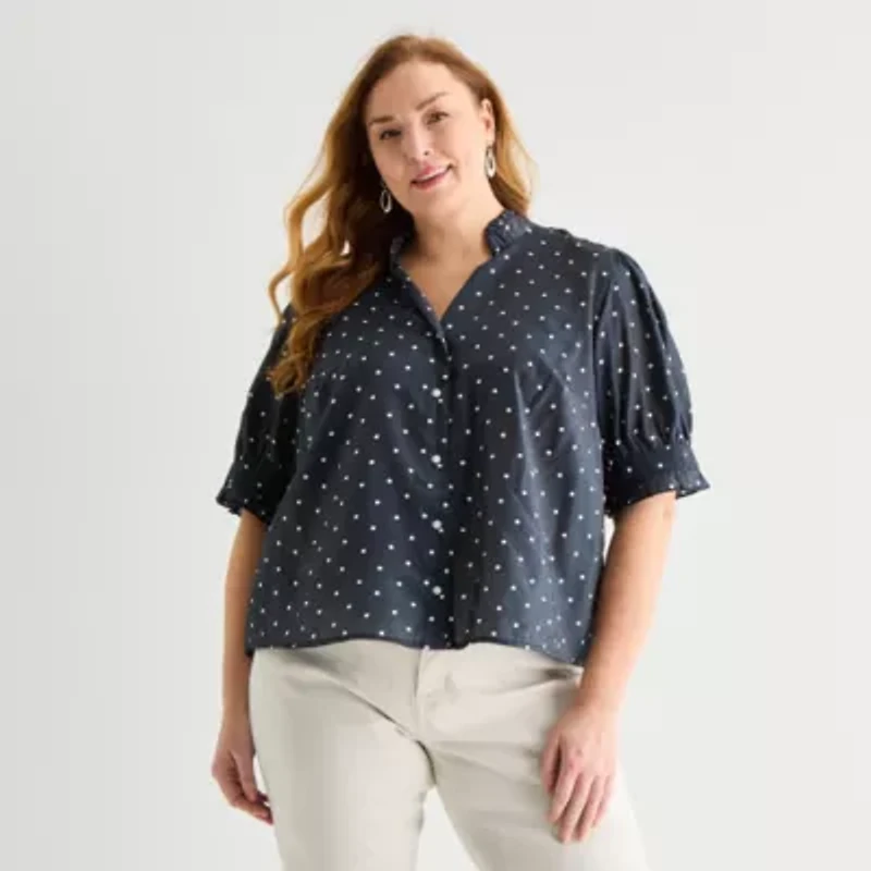 Liz Claiborne Womens Plus Mock Neck Short Sleeve Blouse