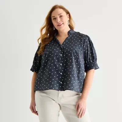 Liz Claiborne Womens Plus Mock Neck Short Sleeve Blouse