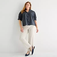 Liz Claiborne Womens Plus Mock Neck Short Sleeve Blouse