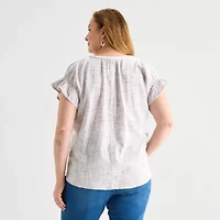 Liz Claiborne Womens Plus Split Crew Neck Short Sleeve Blouse