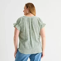 Liz Claiborne Womens Plus Split Crew Neck Short Sleeve Blouse