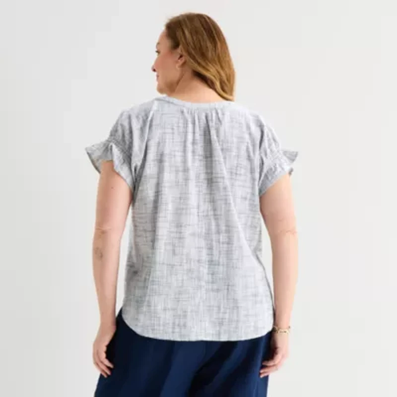 Liz Claiborne Womens Plus Split Crew Neck Short Sleeve Blouse
