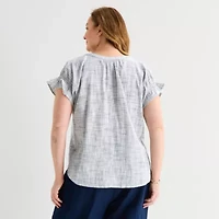 Liz Claiborne Womens Plus Split Crew Neck Short Sleeve Blouse