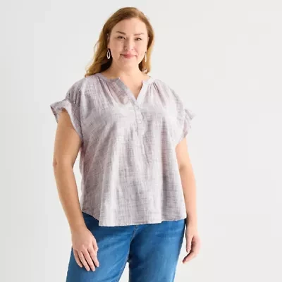 Liz Claiborne Womens Plus Split Crew Neck Short Sleeve Blouse