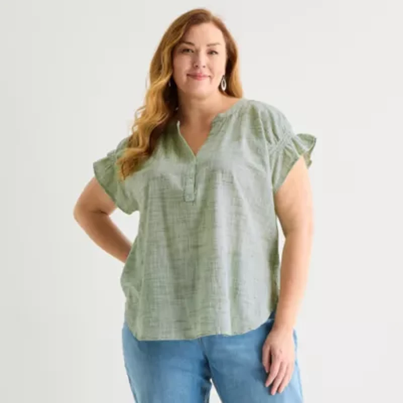 Liz Claiborne Womens Plus Split Crew Neck Short Sleeve Blouse