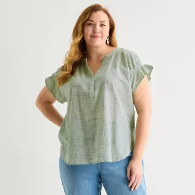 Liz Claiborne Womens Plus Split Crew Neck Short Sleeve Blouse