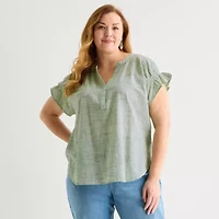 Liz Claiborne Womens Plus Split Crew Neck Short Sleeve Blouse