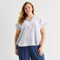 Liz Claiborne Womens Plus Split Crew Neck Short Sleeve Blouse