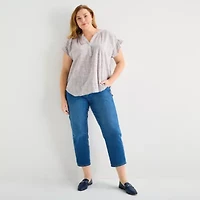 Liz Claiborne Womens Plus Split Crew Neck Short Sleeve Blouse