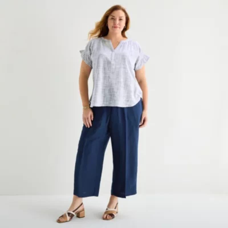 Liz Claiborne Womens Plus Split Crew Neck Short Sleeve Blouse