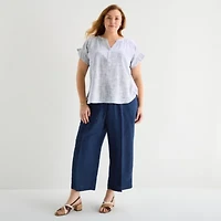 Liz Claiborne Womens Plus Split Crew Neck Short Sleeve Blouse