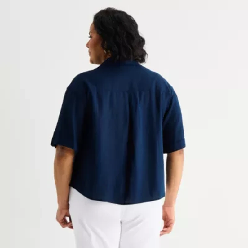 Liz Claiborne Linen Womens Plus Short Sleeve Blouse