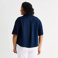Liz Claiborne Linen Womens Plus Short Sleeve Blouse
